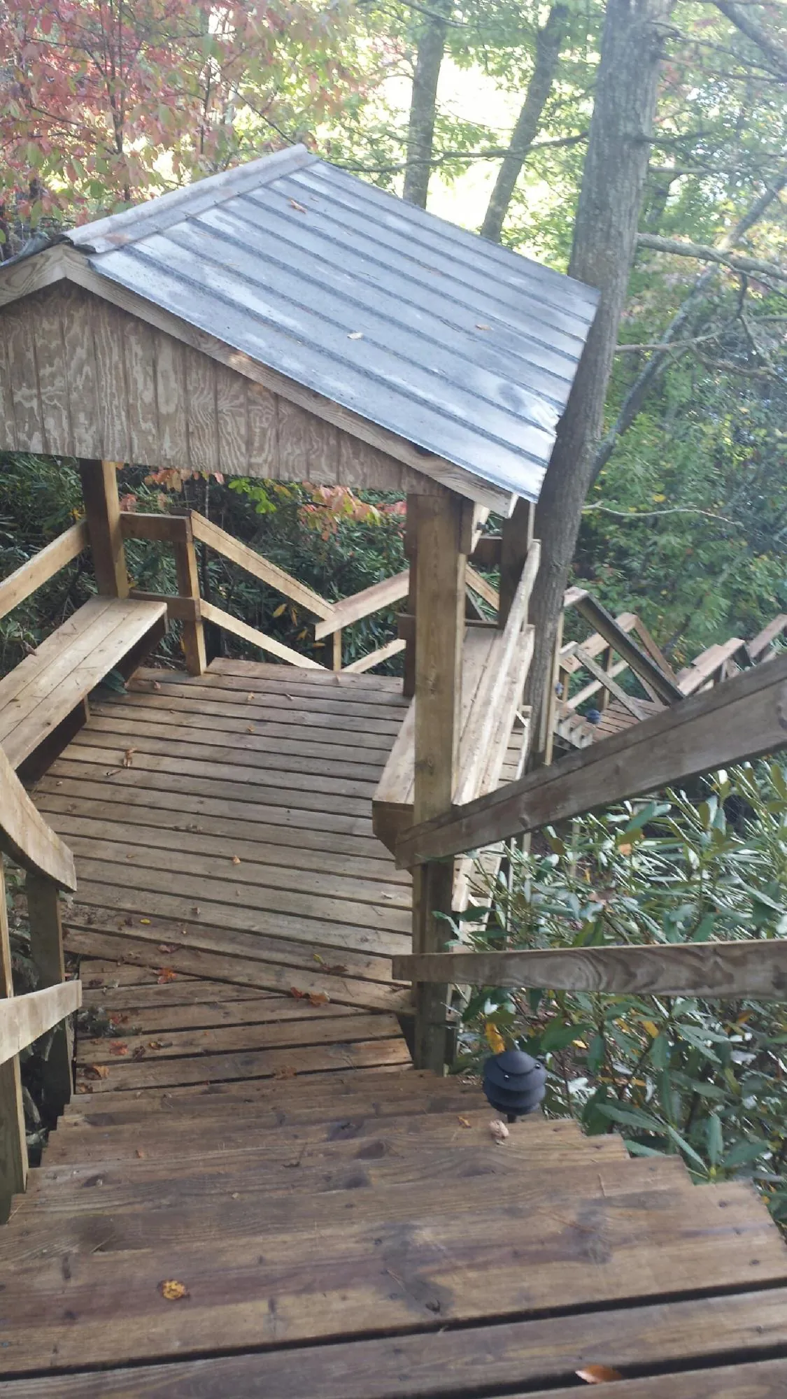 Metal roofed shelter over wooden steps on a wooded walkway — Skylight Repair & Installation work by our crew in Eagle Rock